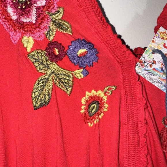 NWT Johnny Was Embroidered Cotton Dress Red MEDIUM Boho Babydoll Tier - Picture 12 of 16